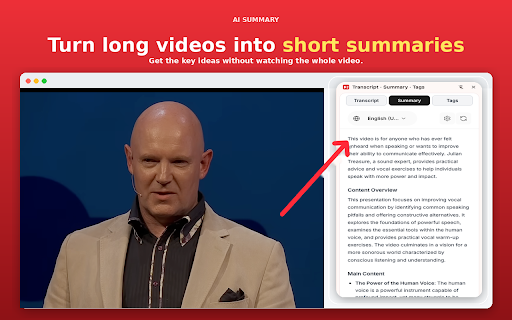 Youtube Video Transcript: AI Summary & Tags :: Get YouTube to Transcript with AI summary & tags in seconds. Smart youtube transcript extractor and youtube video summarizer.