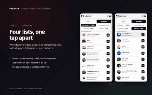 FollowTok - Unfollow Tracker for TikTok & Instagram :: See who doesn't follow you back on TikTok and Instagram, checked in your own browser. No password, no upload.