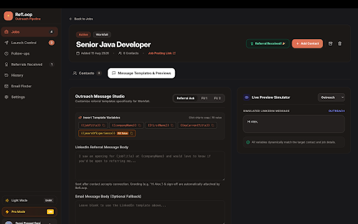 RefLoop — LinkedIn Referral Tracker :: Track your referral outreach pipeline. Log jobs, manage contacts on LinkedIn and Email, and never miss a follow-up.