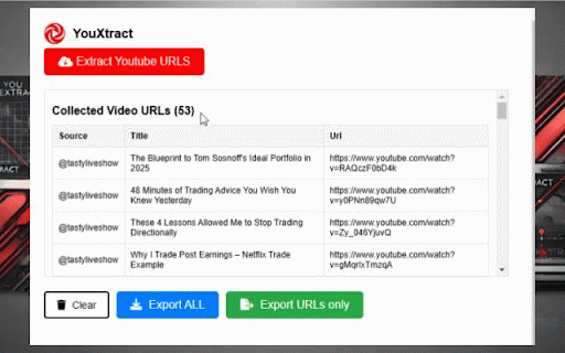 YouXtract :: Effortlessly grabbing links info from YouTube pages - collect multiple YouTube video URLs and properties and export to csv!