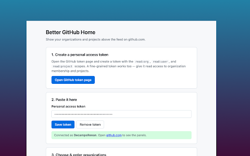 Better GitHub Home :: Adds organizations and Projects v2 panels next to the github.com home feed, with hide/reorder and hover prerendering.