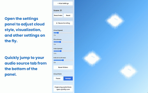 No Clouds: Interactive Audio Visualizer :: Audio visualizer game with scrolling clouds. Click on clouds to clear the sky! no-clouds.com