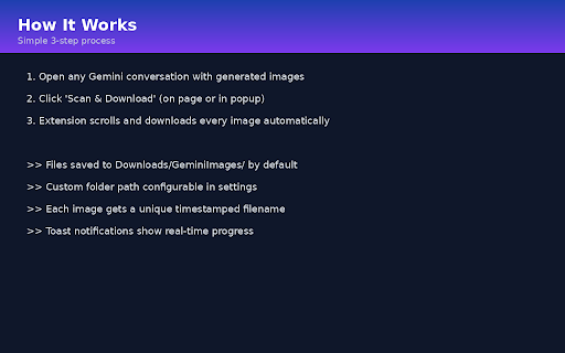 Gemini Image Auto-Downloader :: Scan & download all AI-generated images from Google Gemini conversations. One click. Original quality. Custom folders.