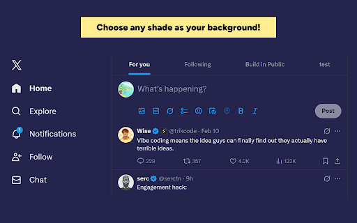 Restore Dim Mode for X/Twitter :: Bring back the classic Dim mode on X (formerly Twitter). Smooth, dark blue, and easy on the eyes. Or choose any shade you like!