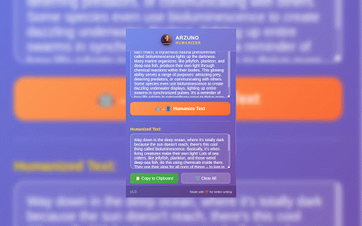 Arzuno Humanizer: Write like a human :: rewrite AI-generated or robotic text into natural, human-like language with a single right-click.