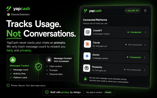 YapCash - Get Paid to Use ChatGPT & Claude :: Earn XP and redeem gift cards by chatting with AI. Tracks message activity on ChatGPT, Claude, Gemini, and Perplexity.
