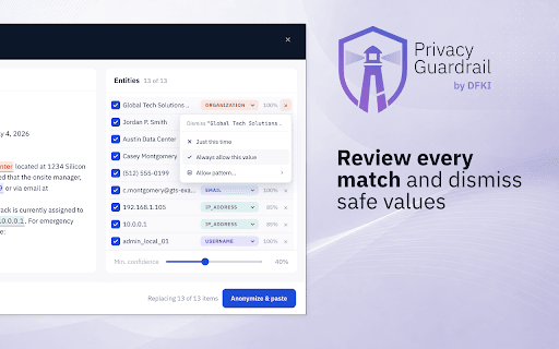 Privacy Guardrail :: Review and replace personal data in text before pasting into LLM chats. Runs locally in your browser. Assistive only.