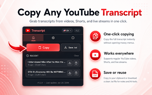 Copy YouTube Transcript :: Copy transcripts from YouTube videos, Shorts and completed live-stream replays when captions are available.