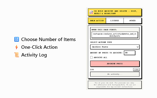 IG Bulk Archive and Delete - Post, Reels & Highlight :: Bulk archive or delete posts, reels, and highlights on Instagram in one click.