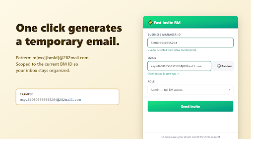 Fast Invite BM :: Send a Business Manager invite to one email at a time. Auto-detects the active BM ID from your Facebook tab.