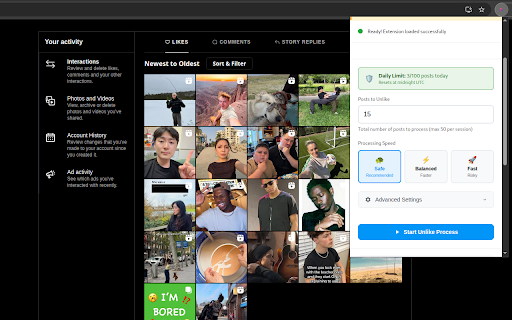Insta Bulk Unlike :: Efficiently manage Instagram liked posts with smart batch processing, safety features, and customizable speed controls.
