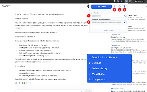 SEO/GEO/AI Source Extractor :: Extracts AI answers from search engines and top AI bots. Allows exporting data and downloading history.
