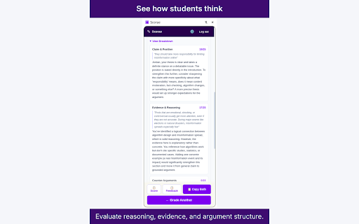 Scorae — Essay Grader for Google Docs, Canvas & Moodle :: Grade essays in Google Docs, Canvas, Blackboard and Moodle. You decide every grade. Student work is never stored. 15 free monthly.