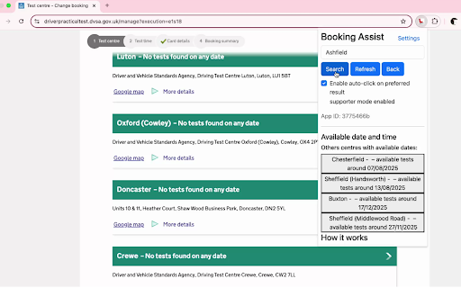 Free UK Practical Driving Test Booking Extension (Search and Click) :: A Chrome extension that helps you get good test dates in your preferred test centre.