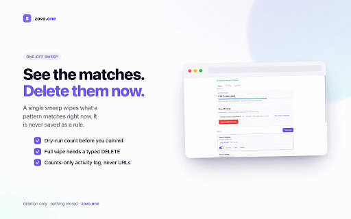 Scheduled History Cleaner :: Delete history on a schedule: rules match domains, URLs, or terms and clean on a timer, daily, or at next launch. Nothing stored.