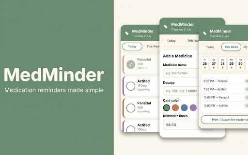 MedMinder — Medication Reminder & Tracker :: A simple, large-print medication reminder and tracker. Add your medicines, get gentle reminders, and mark them taken with one tap.