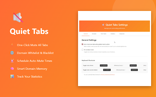 Quiet Tabs – Auto Mute & Audio Control :: Mute or unmute every tab with one click. New tabs inherit your current mute setting.