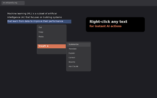 SnapAI: Sidebar for Claude :: Claude AI sidebar — summarize, translate, explain any page. Right-click actions, BYOK, privacy-first.