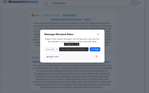 BrowseMemory :: Private semantic search for your browser history — 100% on-device, no server, no account.