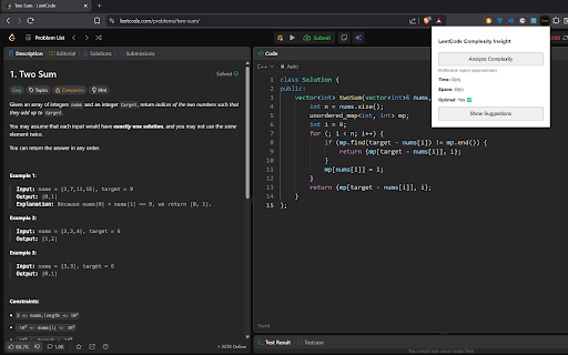 LeetCode Complexity Insight :: Analyzes time and space complexity of LeetCode problems directly on the problem page.