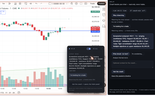 Helm — AI Trading Coach :: A read-only coach beside your TradingView chart — observes the tab you attach, coaches your discipline, and can never trade.