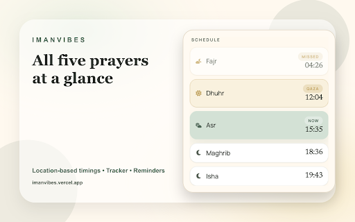 ImanVibes Salah : Prayer Times, Countdown, Reminder & Tracker :: Track daily prayers, view accurate timings, and get Salah reminders while you browse.