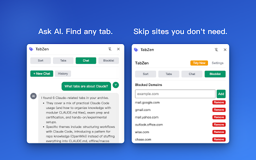 TabZen - AI Tab Archive & Tidy :: Turn cluttered tabs into a searchable AI archive. Summarize, auto-categorize, chat to recall, and close tabs without fear.