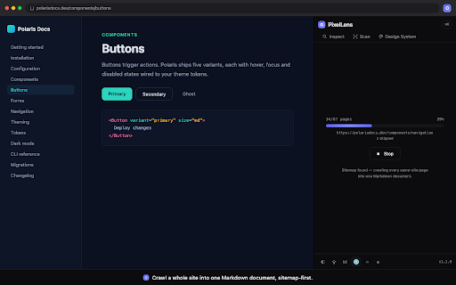 PixelLens :: Turn any web page into clean Markdown for AI, and extract its full design system: colors, type, spacing, tokens. Local, no API key.