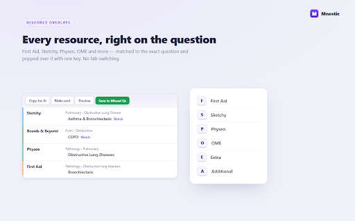 Mnestic :: Link your question bank to your AnKing cards: resource overlays on every question, one-click cards, weak areas, and a tracker.