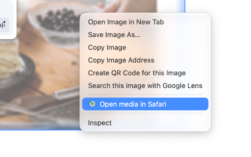 Open in Safari :: Open the current page, link or media in Safari. macOS only.