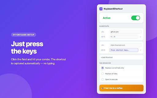 KeyboardShortcut :: Set keyboard shortcuts that instantly redirect your tabs to any website you choose.