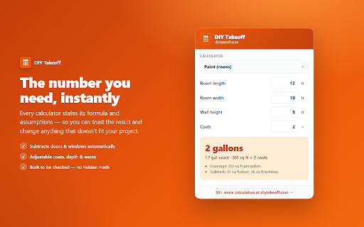 DIY Takeoff — Material Calculators :: Fast construction & home-improvement material calculators: concrete, paint, gravel, tile and mulch — right in your toolbar.