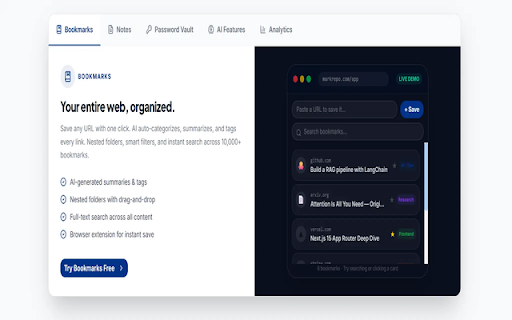 MarkRepo — Save to Bookmarks :: Save any page to MarkRepo with one click. AI auto-tags, folder selection, and notes — right from your browser.