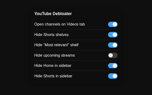 YouTube Debloater :: A Chrome extension that declutters YouTube by hiding things you probably don't want to see.