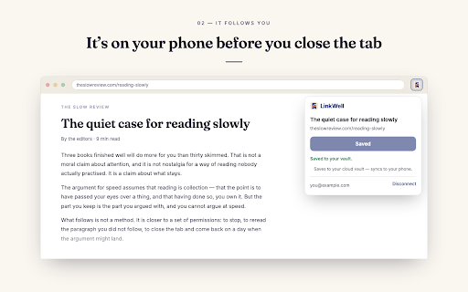 LinkWell :: Save the current tab to your LinkWell vault in one click.