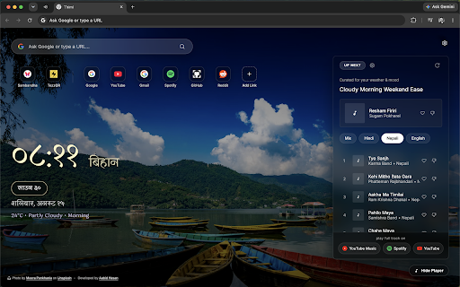 Thimi — Themes, Weather, Music & Calendar :: Themes, live weather, mood music, HD wallpapers, Nepali calendar, and useful widgets in every new tab.