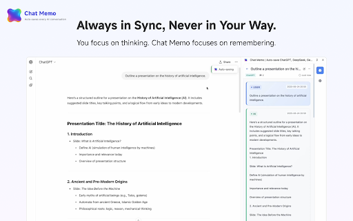 Chat Memo | Auto-save AI Chats from ChatGPT, Gemini, Claude :: Automatically save AI chat history from ChatGPT, Gemini, Claude, and more AI chat platforms