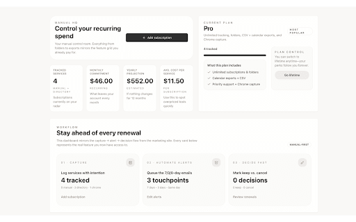 Cancelio: Track, Manage & Avoid Subscription Charges :: Cancelio is a Chrome extension that helps you track subscriptions and get reminders before they renew.