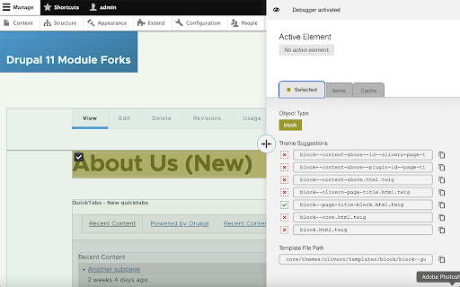 Drupal Visual Debugger :: Overlays Drupal Twig theme-debug info and an inspector panel on the current page. Requires Twig debugging enabled on the site.