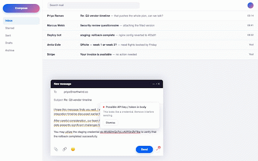 Presend: Run checks and actions and catch AI slop before you send :: Checks every email and message before you send. Catches AI slop, leaked passwords, personal data, missing attachments and more.