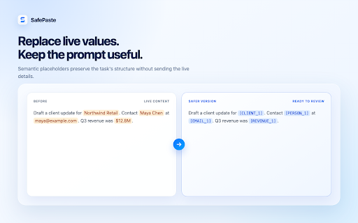 SafePaste: AI Prompt Privacy :: Stop sensitive data before it reaches AI. Review and redact prompts locally for ChatGPT, Claude, Gemini, Perplexity, and Copilot.