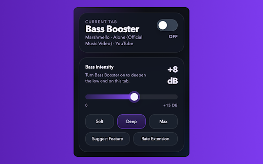 Bass Booster :: Add deep, clean bass to any tab. Presets for Soft, Deep, and Max. No data collected.