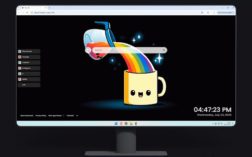 Kawaii Rainbow Coffee Live Wallpaper :: Cute kawaii coffee mug with rainbow steam and sparkling stars on dark background.