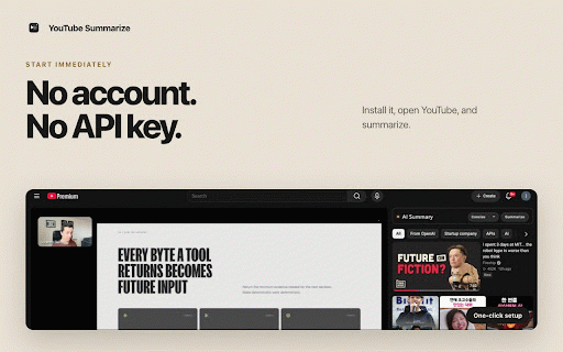 YouTube Summarize :: One-click AI summaries inside YouTube - no account or API key. Get 3 free summaries every week.
