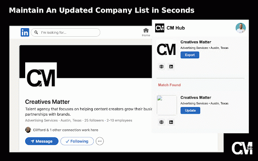 CM Hub Chrome Extension :: The CM Hub extension allows users to export LinkedIn Company & Profile data directly into CM Hub.