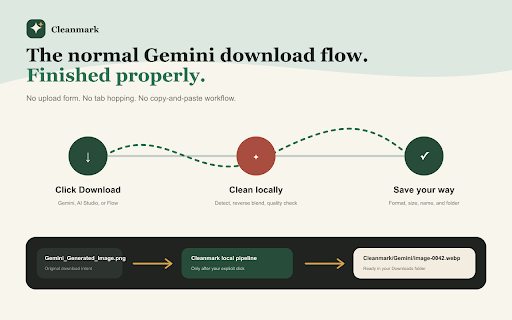 Cleanmark for Gemini :: Remove visible Gemini image and video watermarks locally when you download, with format, crop, naming, and folder controls.