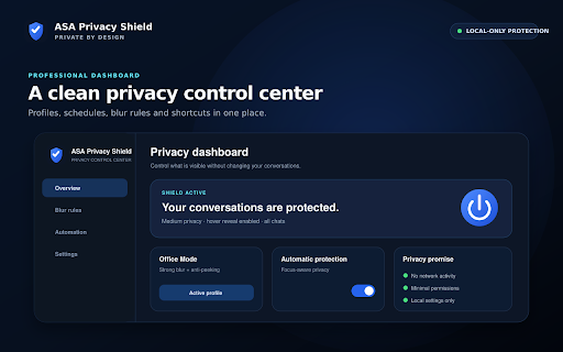 ASA Privacy Shield – Chat Blur :: Blur messages, names, photos and previews on WhatsApp Web with local-only privacy controls and presentation mode.