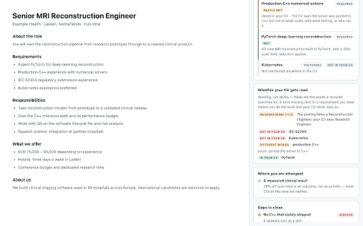 MarketFit Job Lens :: Analyse the job page you are on against your CV, with every strength, gap, and next step quoted from the source.