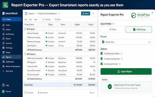 Smartsheet Report Exporter Pro — by OmniFlow Digital :: Export any Smartsheet report or sheet to polished .xlsx or .csv. Preserves group headers, summary rows, and grand totals.