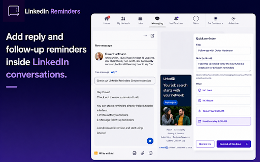 LinkedIn Reminders – Follow Up & Reply Later :: Set reminders for LinkedIn messages, profiles, and posts so you never forget to reply or follow up.
